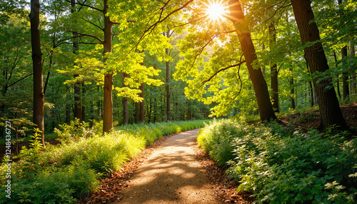 Sunlit forest path in dappled shade, nature's tranquility