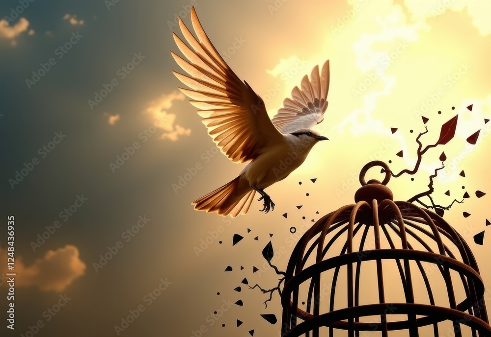 Fototapeta premium A white dove takes flight from a broken birdcage, symbolizing freedom and liberation.