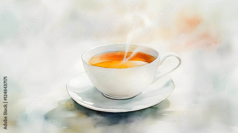 A delicate watercolor painting showcases a steaming cup of tea A delicate watercolor painting showcases a steaming cup of tea