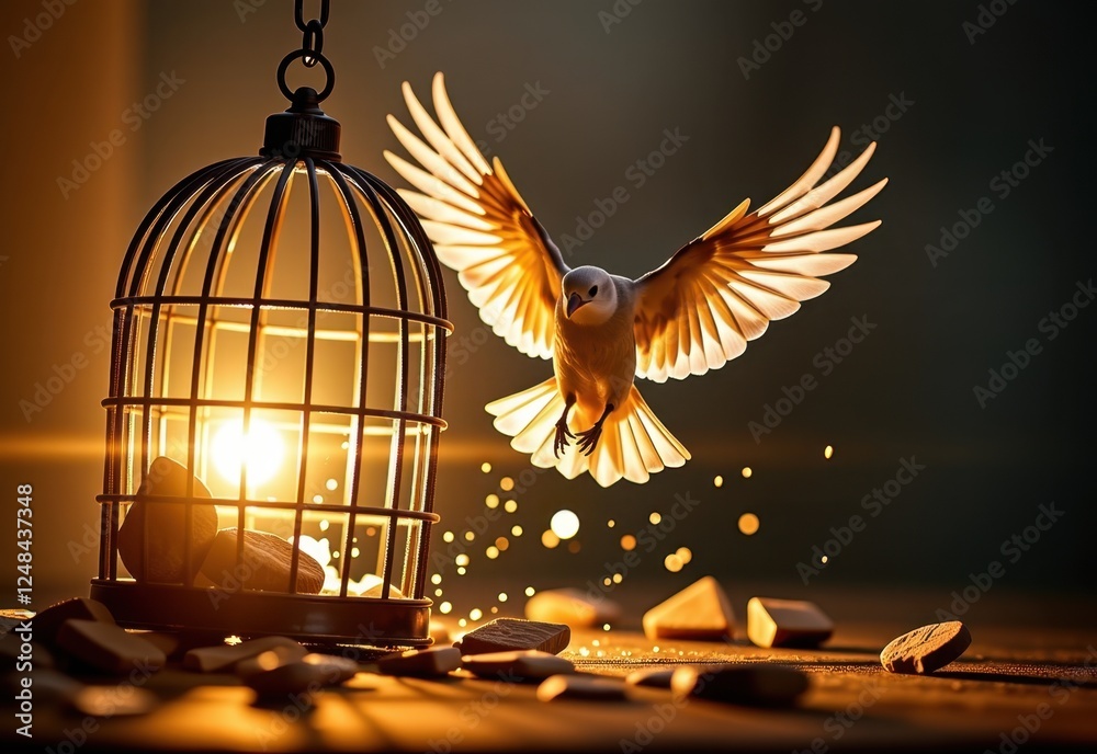 Fototapeta premium A white dove takes flight from a broken birdcage, symbolizing freedom and liberation.