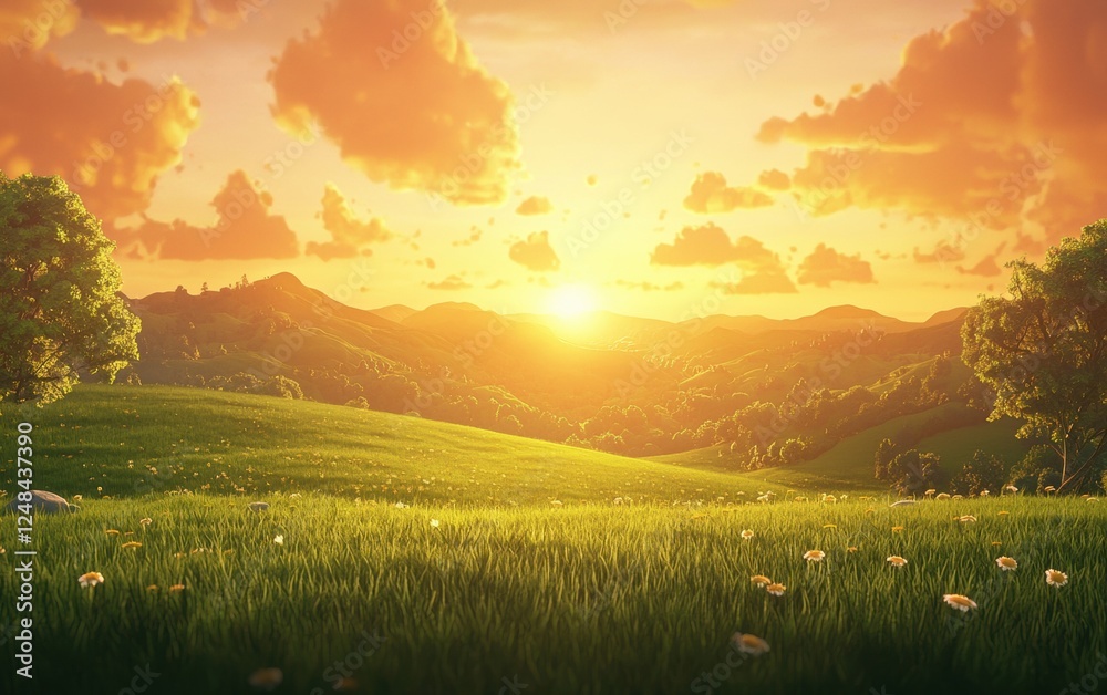 Obraz premium Golden sunset over rolling green hills, soft cinematic lighting, deep saturation