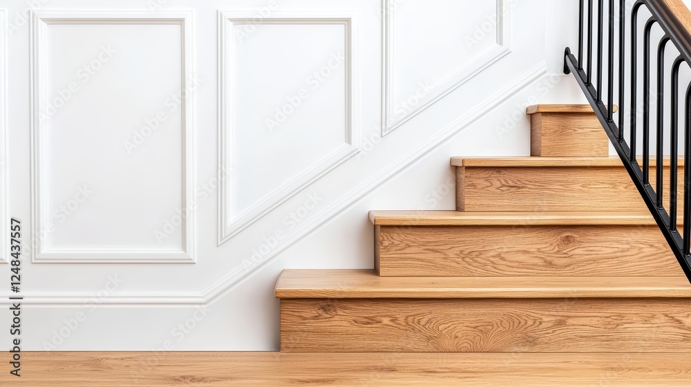 Elegant Wooden Staircase with White Panelled Wall and Railing Elegant Wooden Staircase with White Panelled Wall and Railing