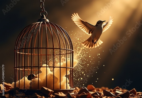 A white dove takes flight from a broken birdcage, symbolizing freedom and liberation.