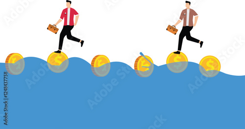 Businessmen Tread on Gold Coins in the Water