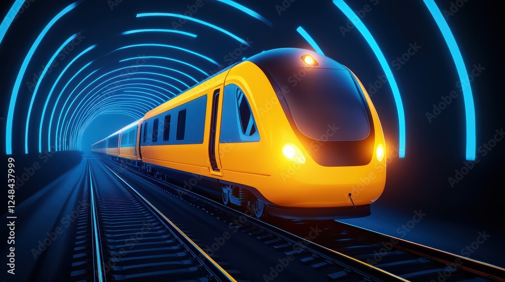 Naklejka premium Vibrant Modern Train Traveling Through a Futuristic Neon Tunnel
