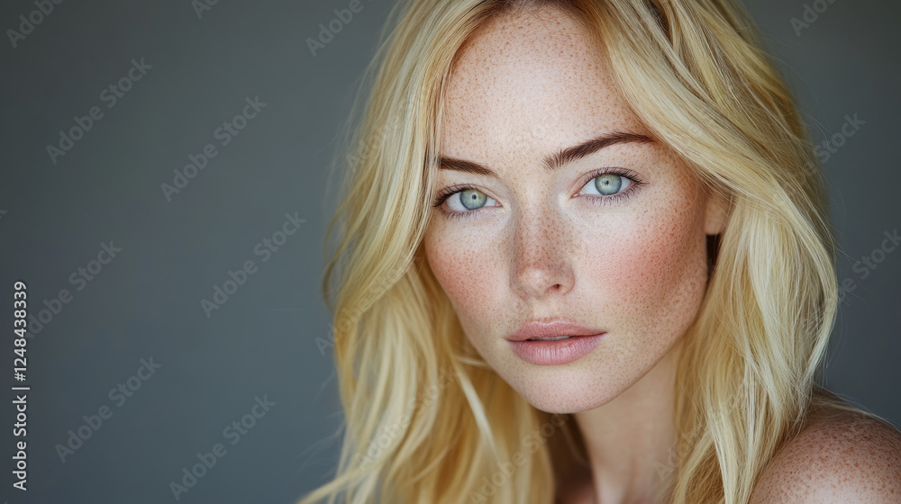 Freckled Blonde Woman with Blue Eyes and Minimal Makeup in Soft Natural Lighting Freckled Blonde Woman with Blue Eyes and Minimal Makeup in Soft Natural Lighting