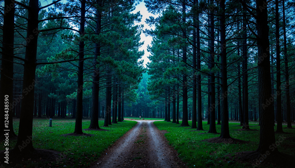 Fototapeta premium Mysterious forest path under twilight trees, enchantment and allure