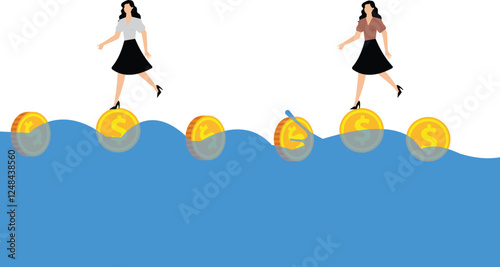 Businesswomen Tread on Gold Coins in the Water