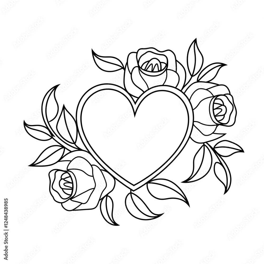 heart with roses coloring page 