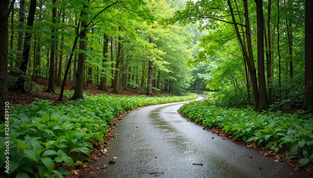 Fototapeta premium Curving path through rain-soaked forest, fresh renewal