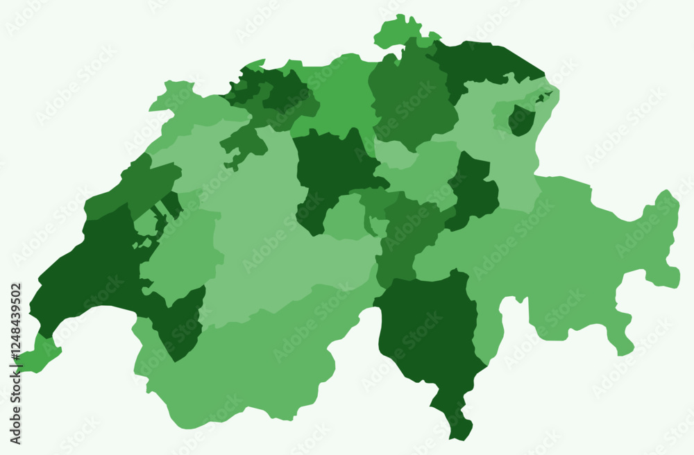 Map of Switzerland with regions. Just a simple country border map with region division. Green color palette. Blank Switzerland shape with administrative division. Vector illustration. Map of Switzerland with regions. Just a simple country border map with region division. Green color palette. Blank Switzerland shape with administrative division. Vector illustration.