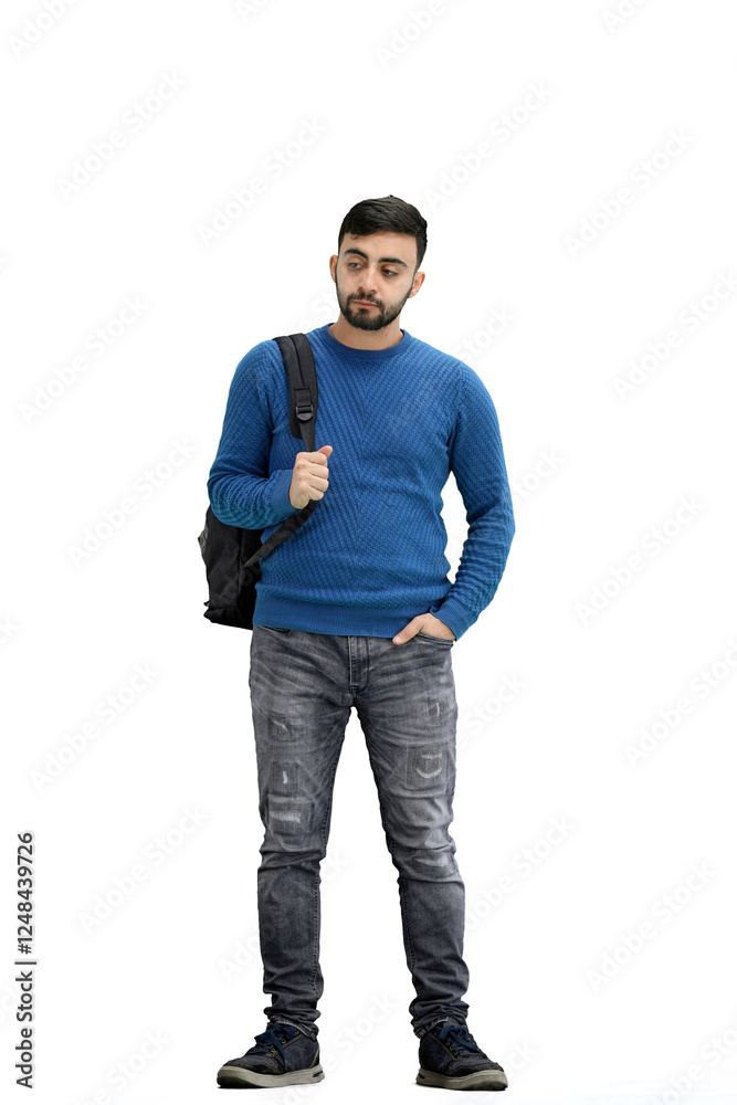 Fototapeta premium A man, full-length, on a white background, with a backpack