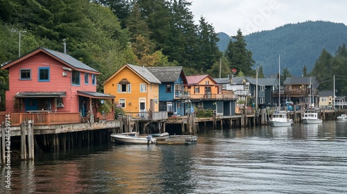 Colorful waterfront houses perched on stilts with boats docked below against mountain landscape