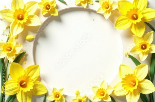 Round frame decorated with blooming narcissus flowers on yellow background with space for text, card template