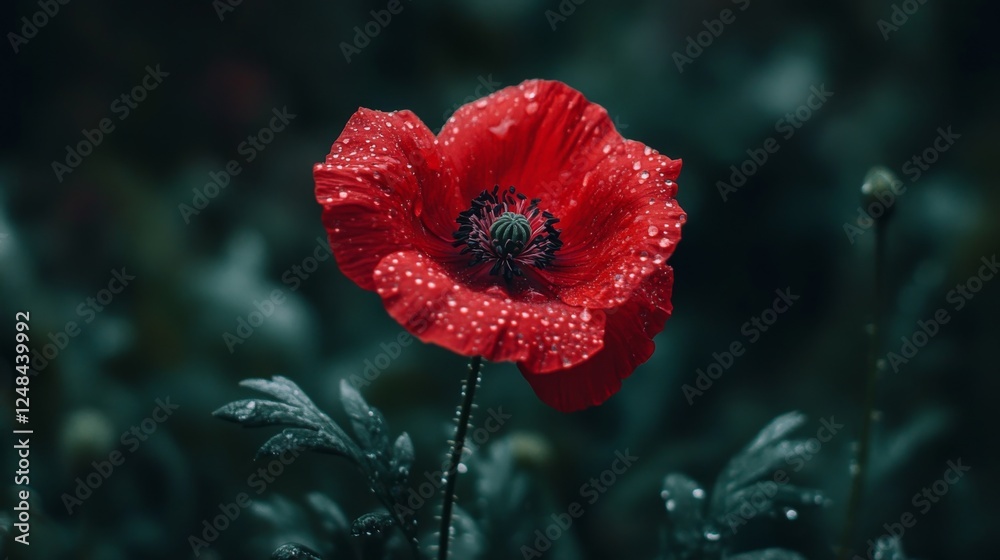 Obraz premium A single red flower with water droplets glistening on its petals, surrounded by blurred green foliage in the background.