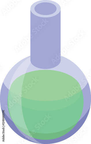 Isometric view of a round bottom flask containing a green liquid, possibly used in a laboratory setting for chemical reactions or scientific analysis