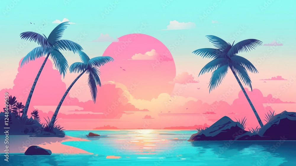 Obraz premium Pink Sunset Paradise: Tropical Beach Scene with Palm Trees