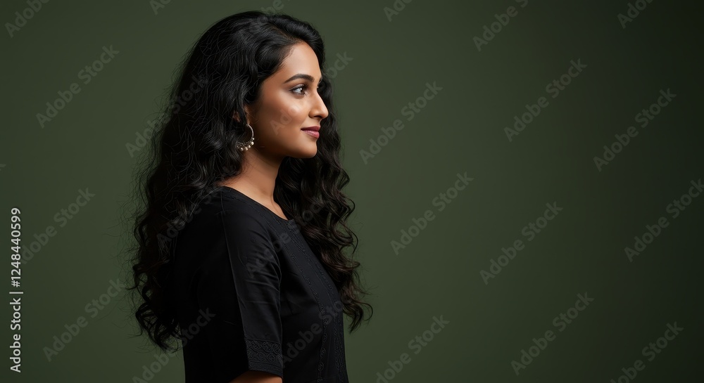 Portrait of a Woman in Profile on Green Background Wearing Black Dress, Ideal for Lifestyle and Fashion Photography Portrait of a Woman in Profile on Green Background Wearing Black Dress, Ideal for Lifestyle and Fashion Photography