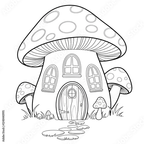 mushroom house and mushrooms coloring page