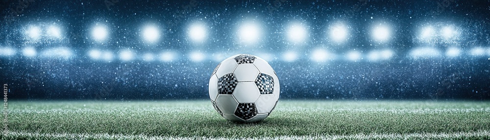 Fototapeta premium Soccer ball on field under stadium lights at night