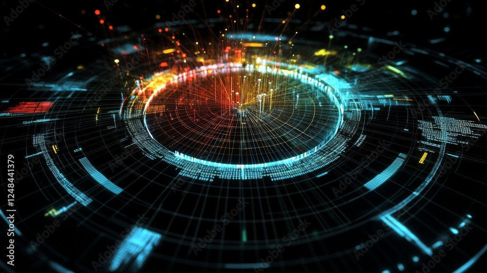 A top-down view of a D radar chart with multiple axes and data points, showing financial metrics and comparisons between different investment options.