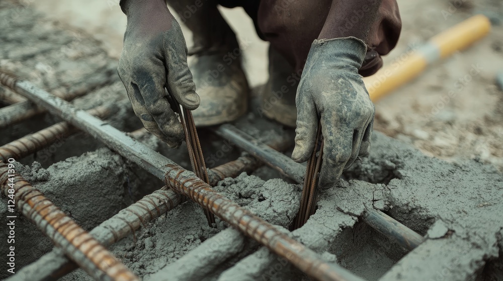 Worker placing rebar in wet concrete foundation Worker placing rebar in wet concrete foundation