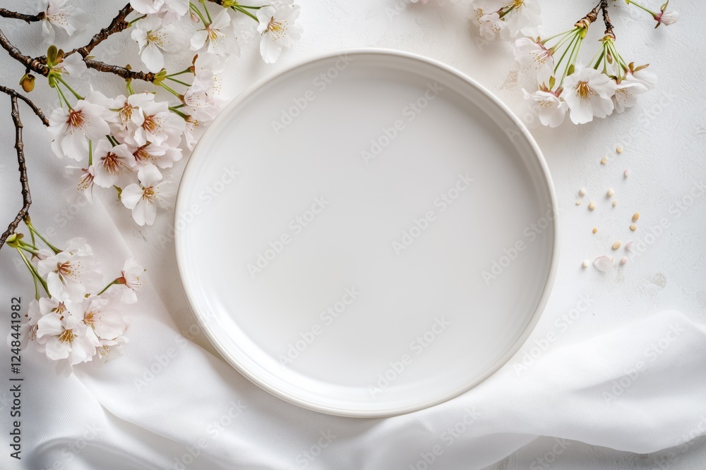 Minimalist white ceramic plate with delicate cherry blossoms on a soft white background. Minimalist white ceramic plate with delicate cherry blossoms on a soft white background.