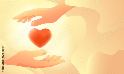 Human hands and heart in modern gradient flat style. Concept volunteering and hope, charity and care, cardiology. Horizontal banner with copy space. Vector illustration.