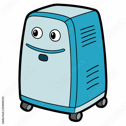 Dehumidifier smiling with wheels against a white background
