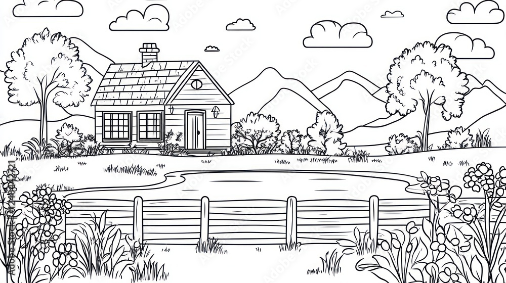custom made wallpaper toronto digitalCottage by pond, mountain view, coloring page