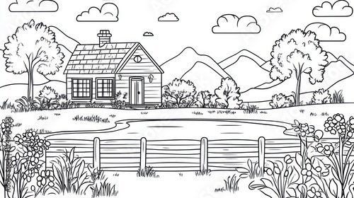 Wallpaper Mural Cottage by pond, mountain view, coloring page Torontodigital.ca