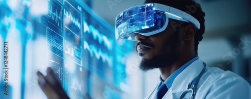 Doctor examining digital data through smart glasses.