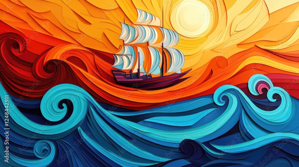 A Sailboat Navigates Vivid Orange and Blue Waves A Sailboat Navigates Vivid Orange and Blue Waves