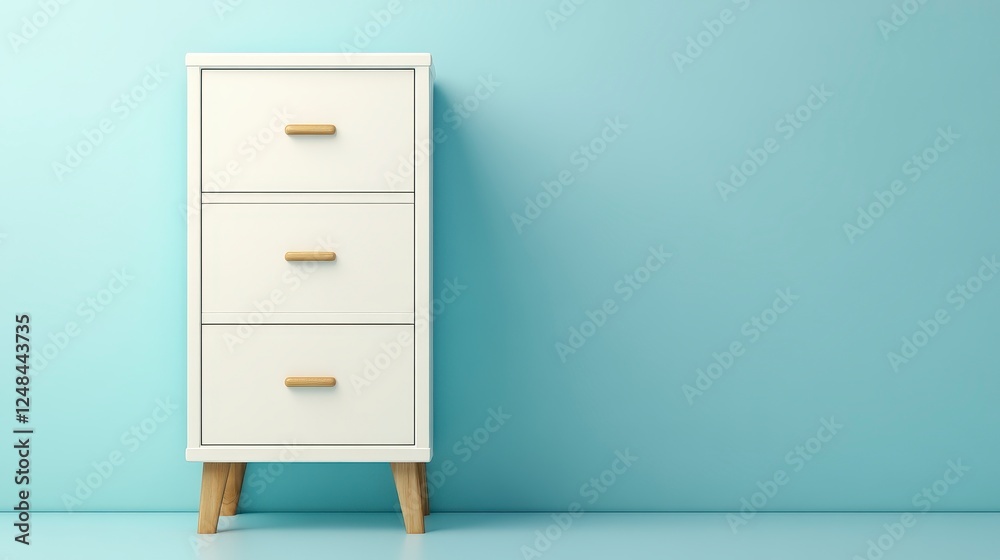 Minimalist White Chest of Drawers Against Pale Blue Wall Minimalist White Chest of Drawers Against Pale Blue Wall