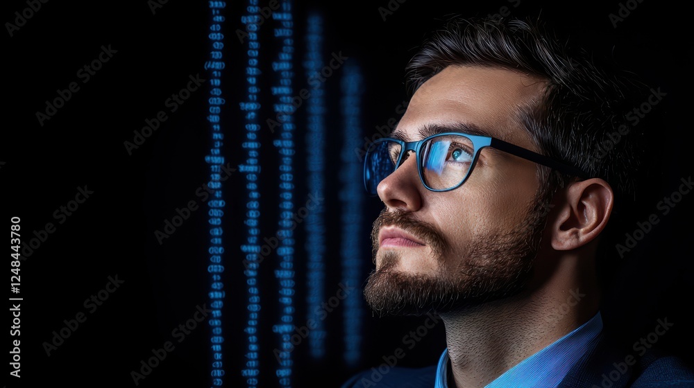 Fototapeta premium Thoughtful Man in Glasses Looking at Digital Data Stream at Night