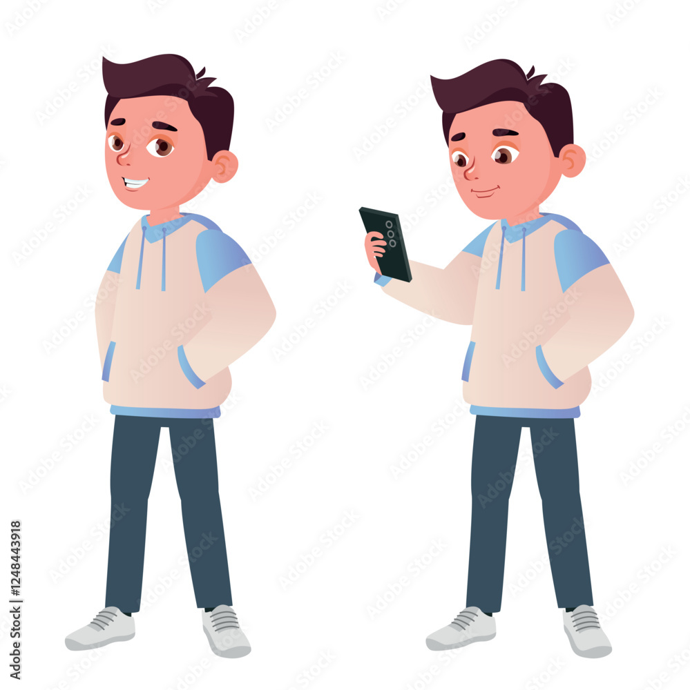 A teenager in a hoodie with a cell phone in his hand. Standing teenager in different poses A teenager in a hoodie with a cell phone in his hand. Standing teenager in different poses