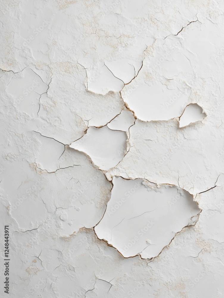 Fototapeta premium Cracked white wall surface with visible peeling paint and texture closeup in natural light