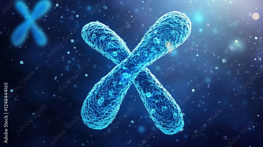 Illuminated blue dna strands float against a cosmic, starry background, symbolizing genetic research and biotechnology advancements. The ethereal glow adds a futuristic touch to the scene