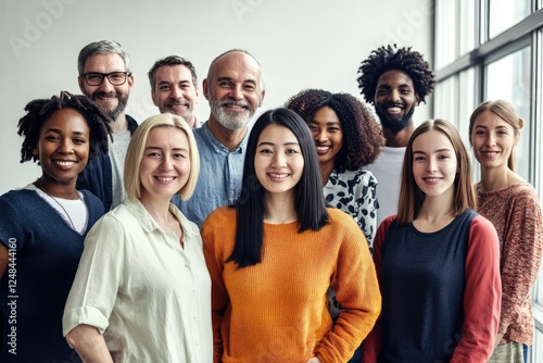 Diverse group of happy friends together looking upwards.