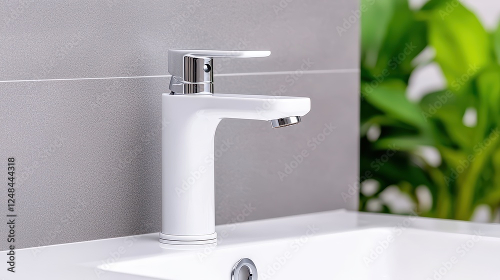 Modern White Faucet with Chrome Handle in Elegant Bathroom Setting Modern White Faucet with Chrome Handle in Elegant Bathroom Setting