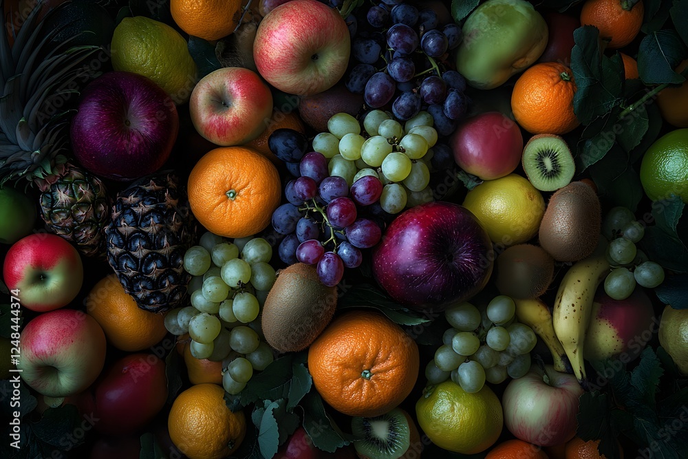 Colorful fruit still life, dark background, healthy food, website banner Colorful fruit still life, dark background, healthy food, website banner