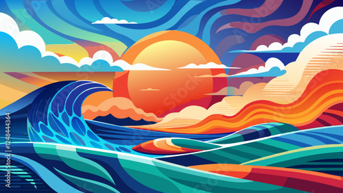Sunset on the sea with waves and clouds, vector illustration.