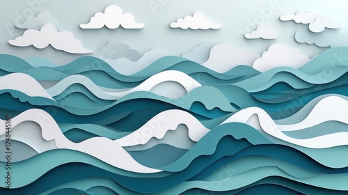 Abstract Papercut Ocean Waves and Clouds Scene photo