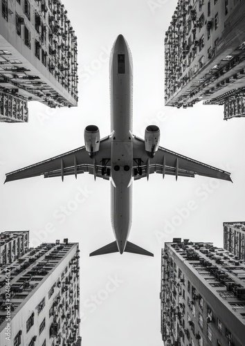 Airplane flying between skyscrapers in the city