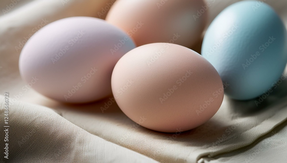 A macro shot of pastel-colored Easter eggs with a soft matte texture, arranged on a light, textured surface. The gentle hues of pink, blue, and yellow contrast with the smooth, subtle background A macro shot of pastel-colored Easter eggs with a soft matte texture, arranged on a light, textured surface. The gentle hues of pink, blue, and yellow contrast with the smooth, subtle background