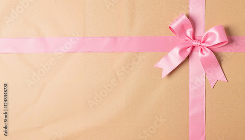 Gift box with pink ribbon on brown background