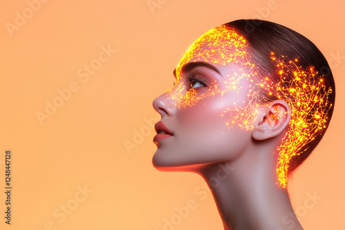 A surreal profile shot of a woman with a glowing translucent head, filled with branching neural