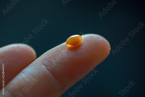 Macro view of a single orange bead on a fingertip outdoors photo