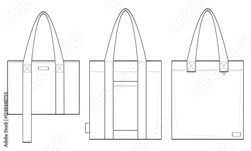 Tote Bag Set Technical Fashion Illustration. Structured Utility Tote Bag Designs Vector Template. Minimalist Everyday Tote. Functional and Versatile. Front View. CAD Mockup Set.