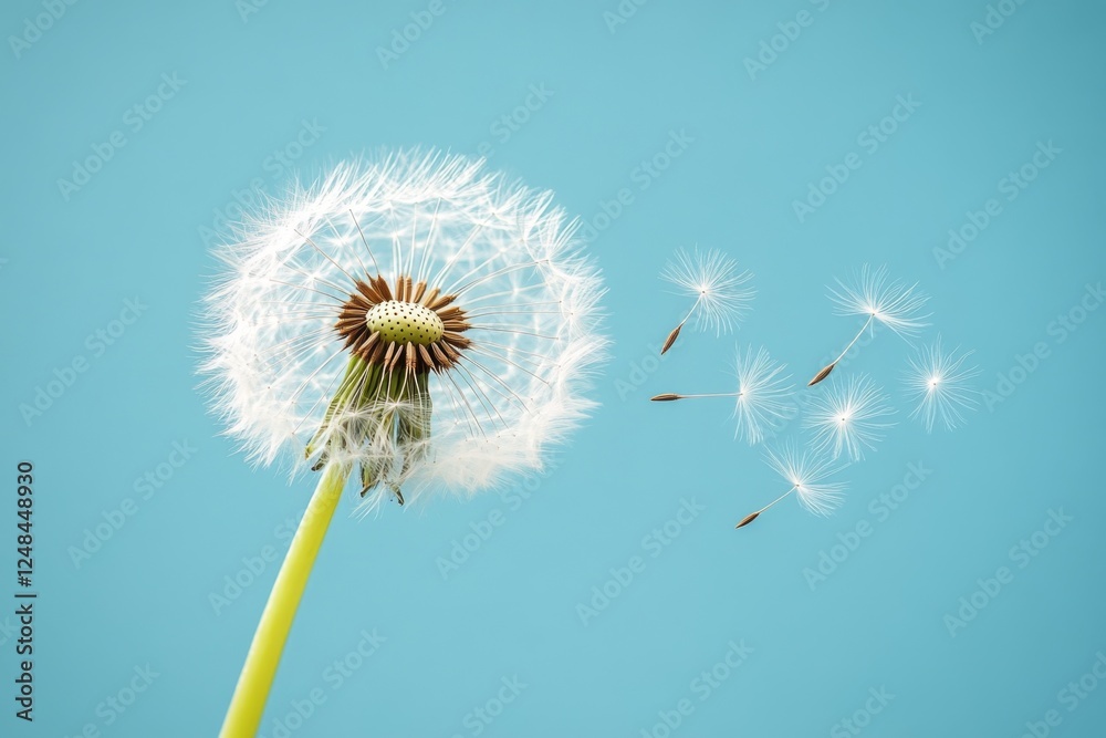 Obraz premium Dandelion seeds blowing away in a soft blue background